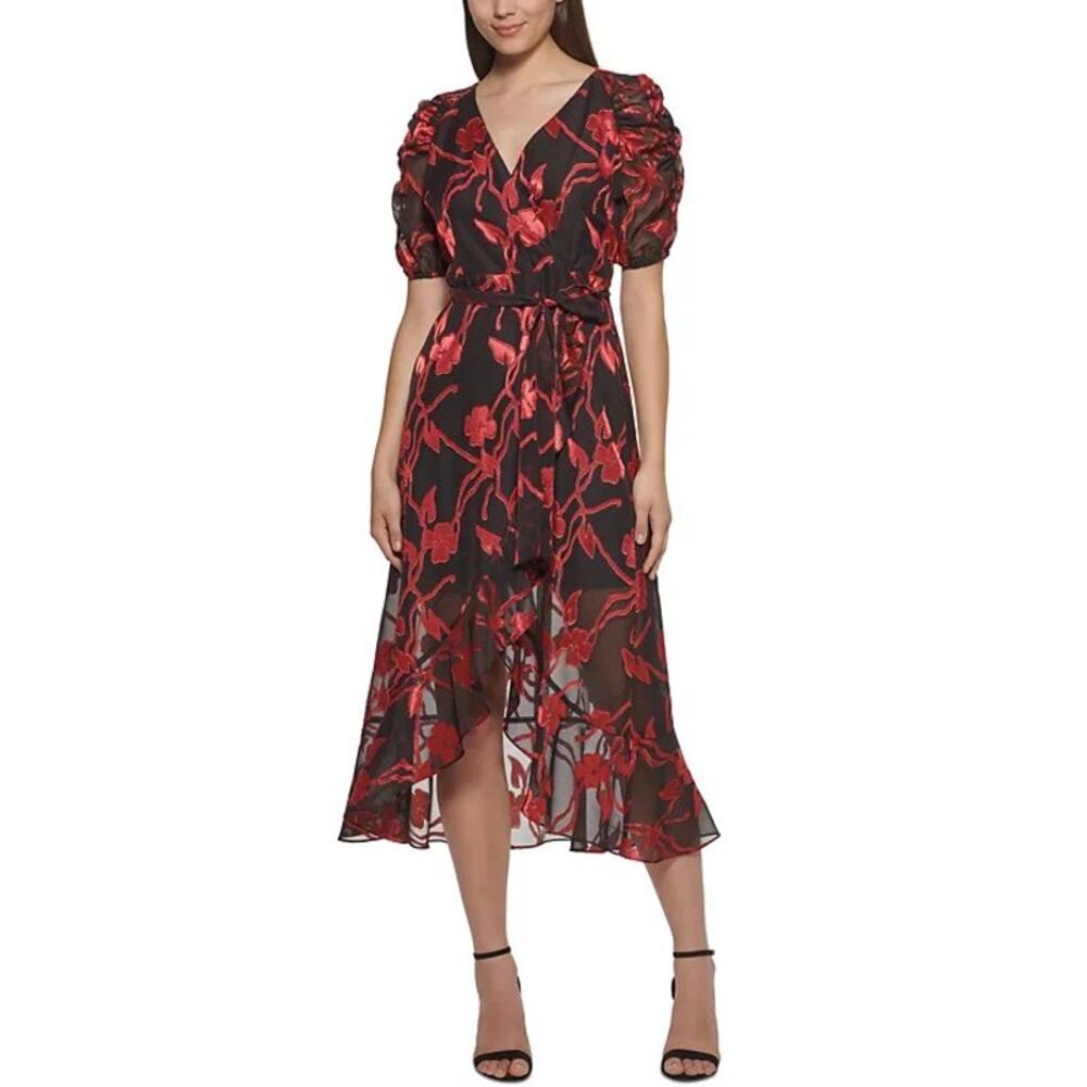 Kensie Red & Black Floral Chiffon V-Neck Puff Sleeve A-Line Midi Dress Size 10